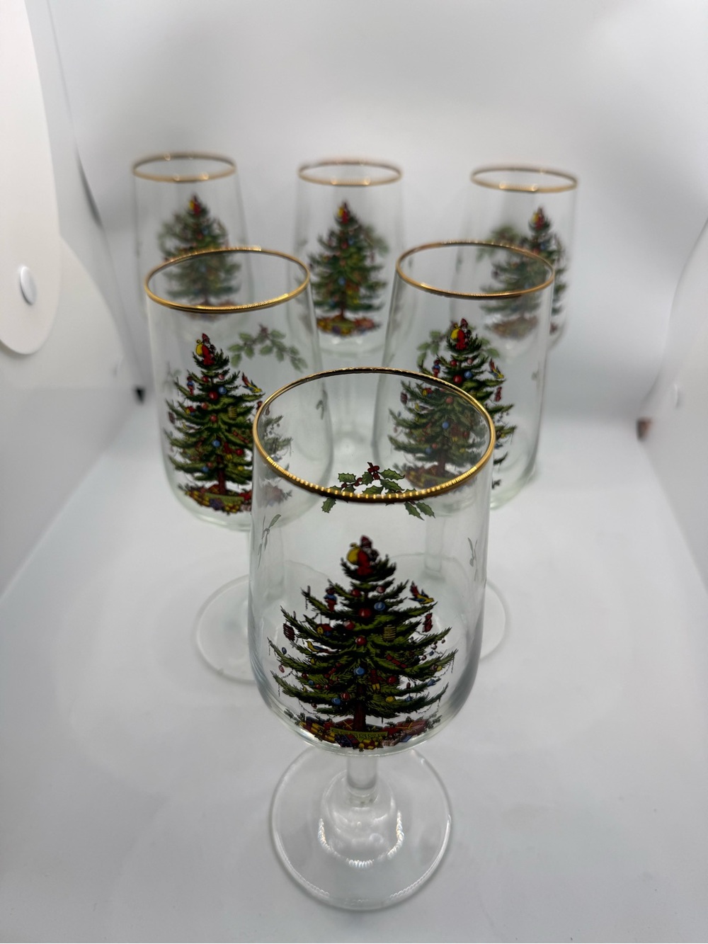 Spode Christmas Tree 12 Oz Wine Glasses Gold Rim Tapered Goblet 7-3/4" Set 6